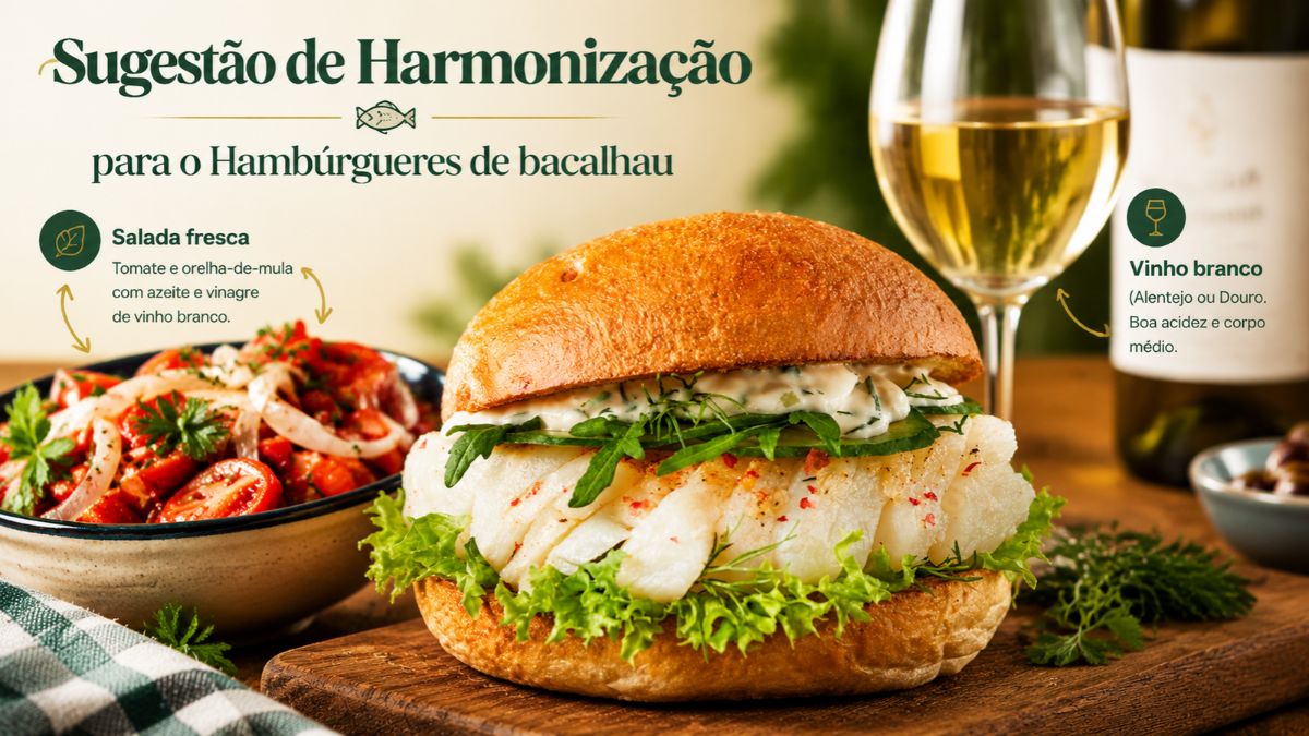 Sugestão de harmonização para hambúrguer de bacalhau acompanhado por salada fresca de tomate e taça de vinho branco.