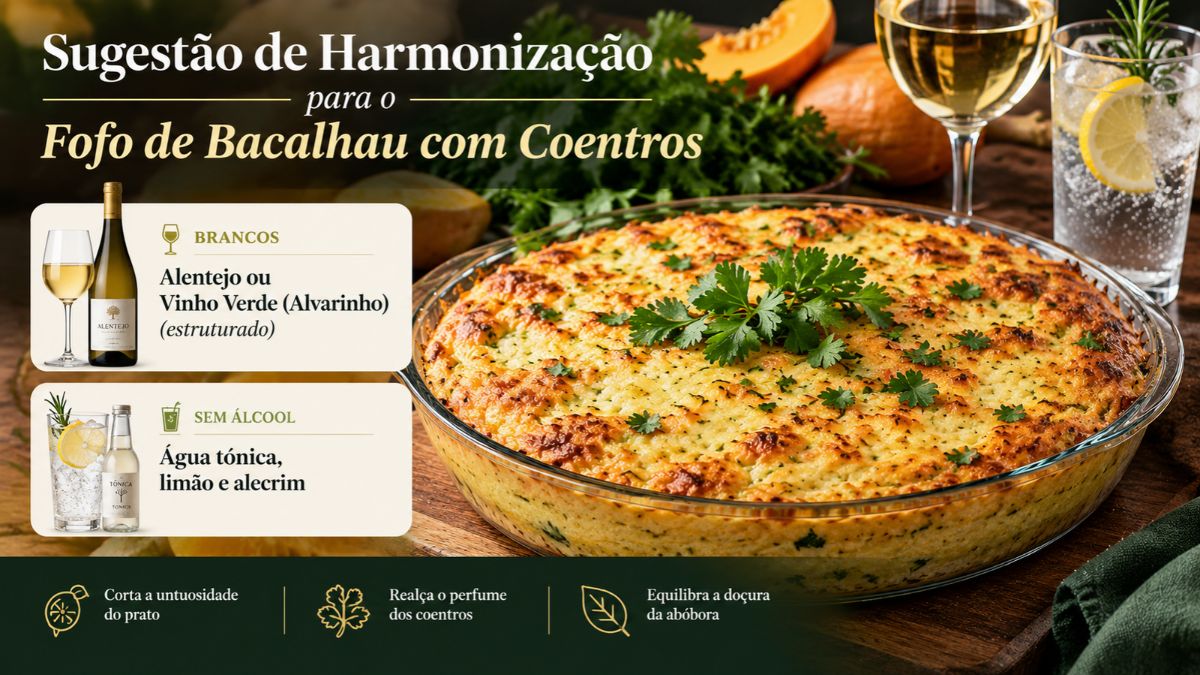 Infográfico de sugestão de harmonização para fofo de bacalhau com coentros mostrando opções de vinho branco Alentejo ou Vinho Verde Alvarinho e água tónica com limão e alecrim.