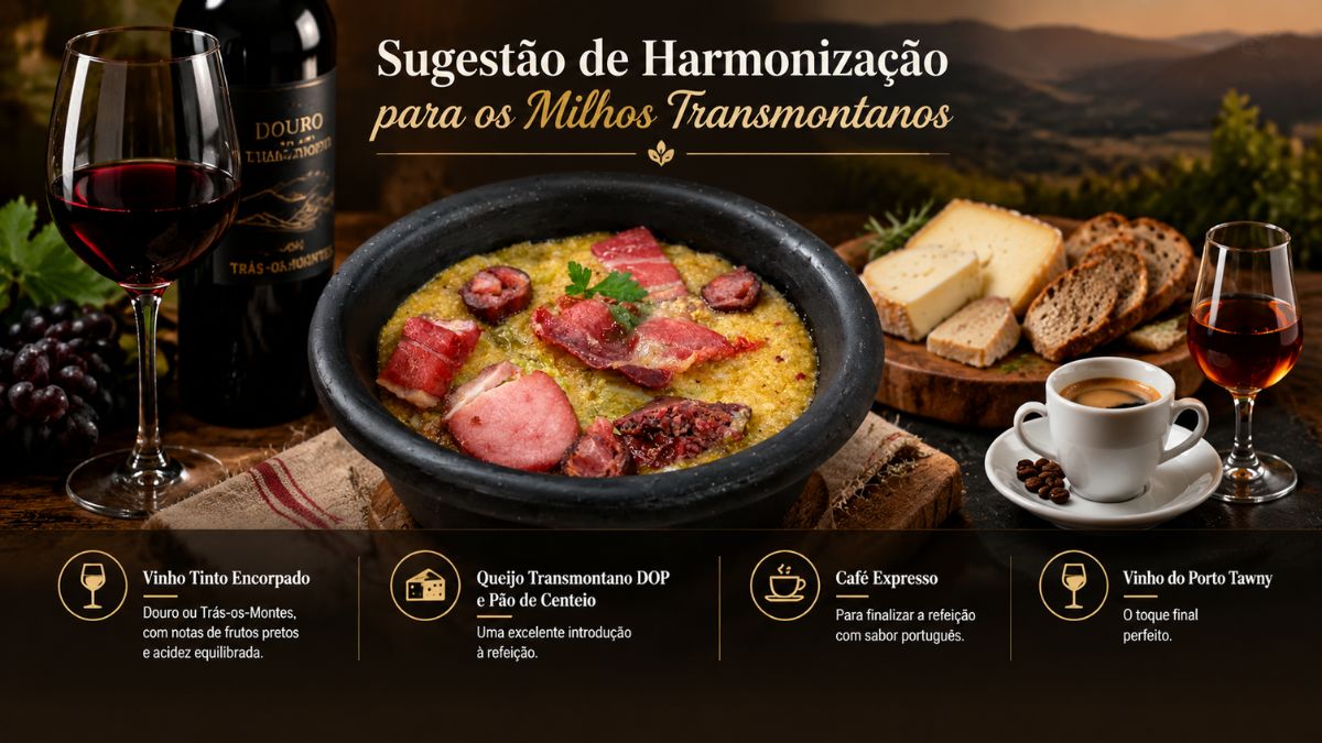 Guia visual de harmonização para milhos transmontanos com vinho tinto do Douro encorpado queijo transmontano DOP pão de centeio café expresso e vinho do Porto Tawny.