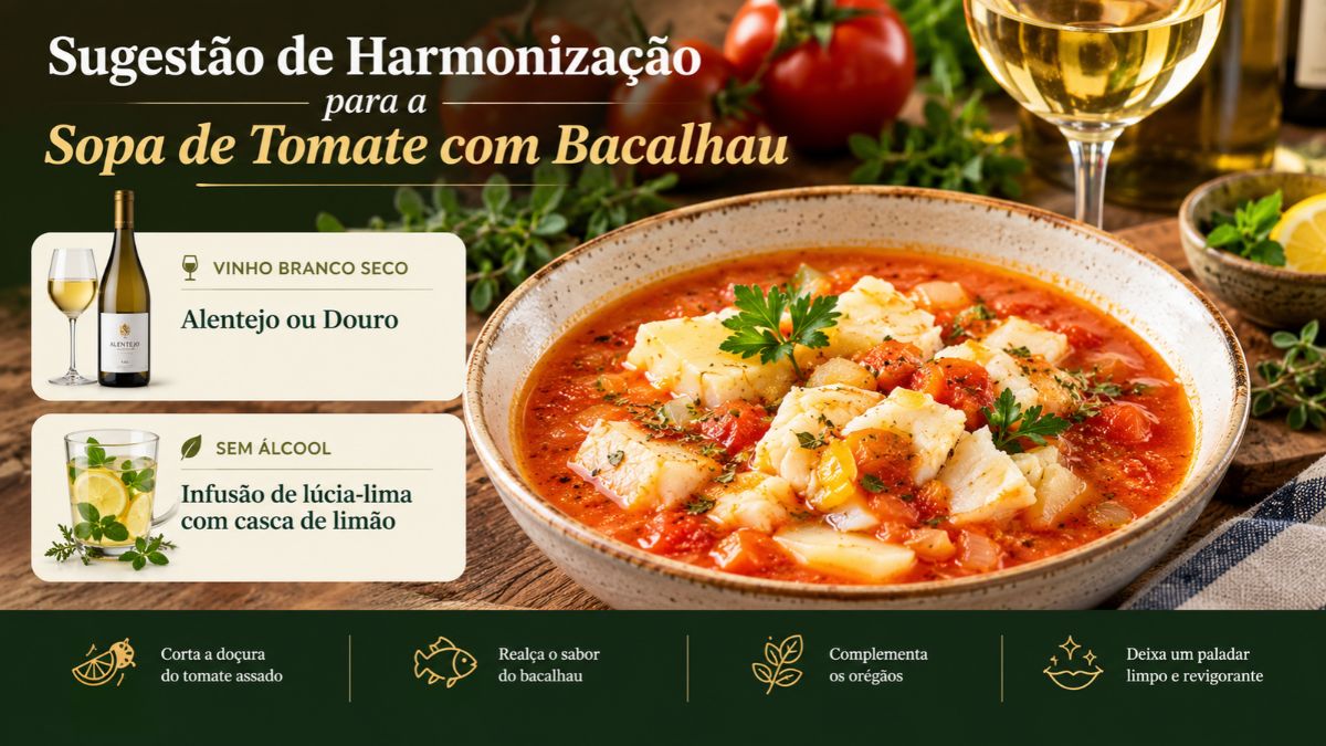Infográfico com sugestões de harmonização para sopa de tomate com bacalhau incluindo vinho branco seco do Alentejo ou Douro e infusão sem álcool com lúcia-lima e limão.