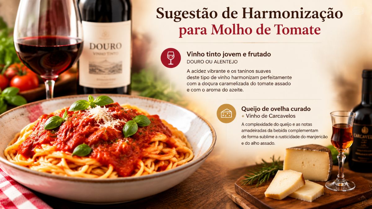 Prato de spaghetti com molho de tomate e manjericão acompanhado de taça de vinho tinto Douro e queijo de ovelha curado em mesa rústica.