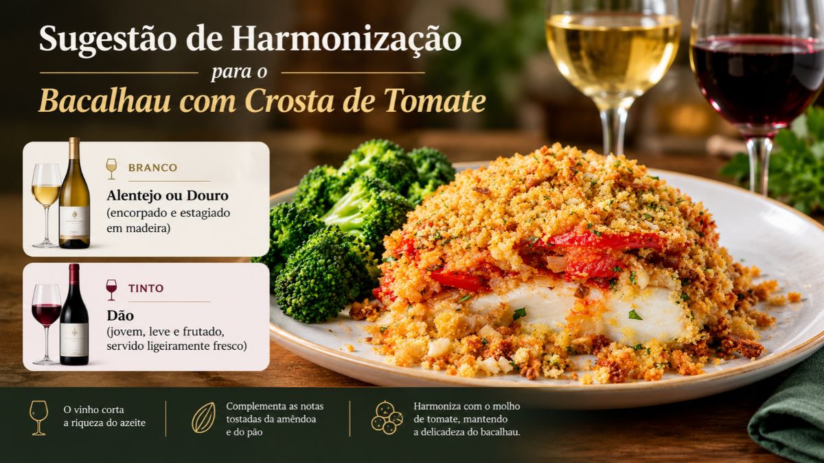 Sugestão de harmonização com vinhos branco do Alentejo e Douro ou tinto do Dão para acompanhar bacalhau com crosta de tomate, servido com brócolos e copos de vinho ao fundo.