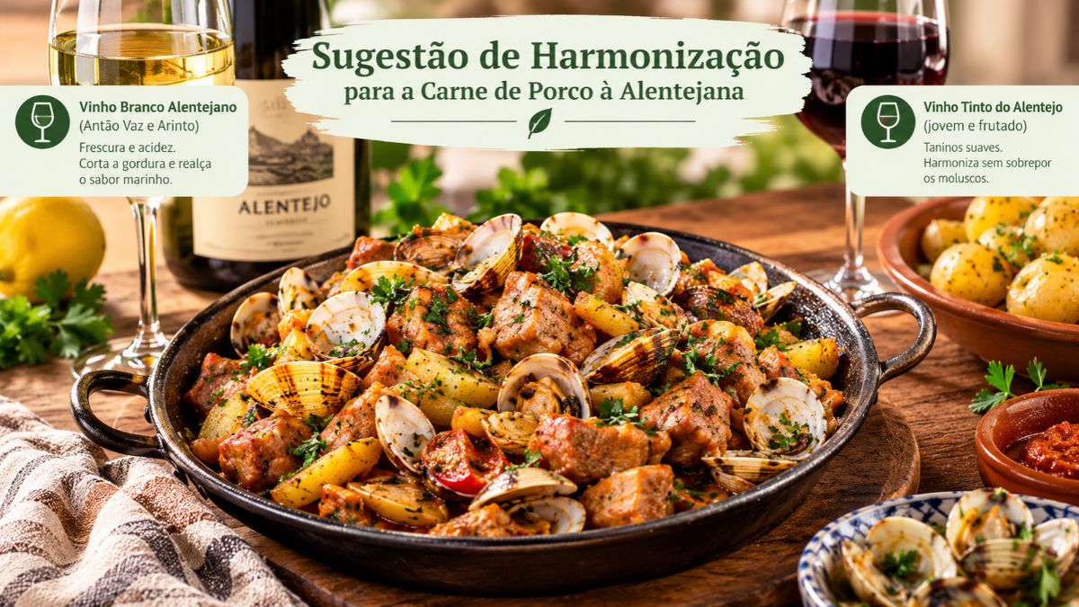 Um infográfico culinário com uma foto central de um prato de Carne de Porco à Alentejana com batatas e amêijoas. Duas caixas de texto laterais sugerem harmonizações de vinhos do Alentejo. A caixa esquerda recomenda Vinho Branco Alentejano Antão Vaz e Arinto pela sua frescura e acidez. A caixa direita sugere Vinho Tinto do Alentejo jovem e frutado pelos taninos suaves. Há copos e garrafas de vinho visíveis na composição sobre uma mesa de madeira.