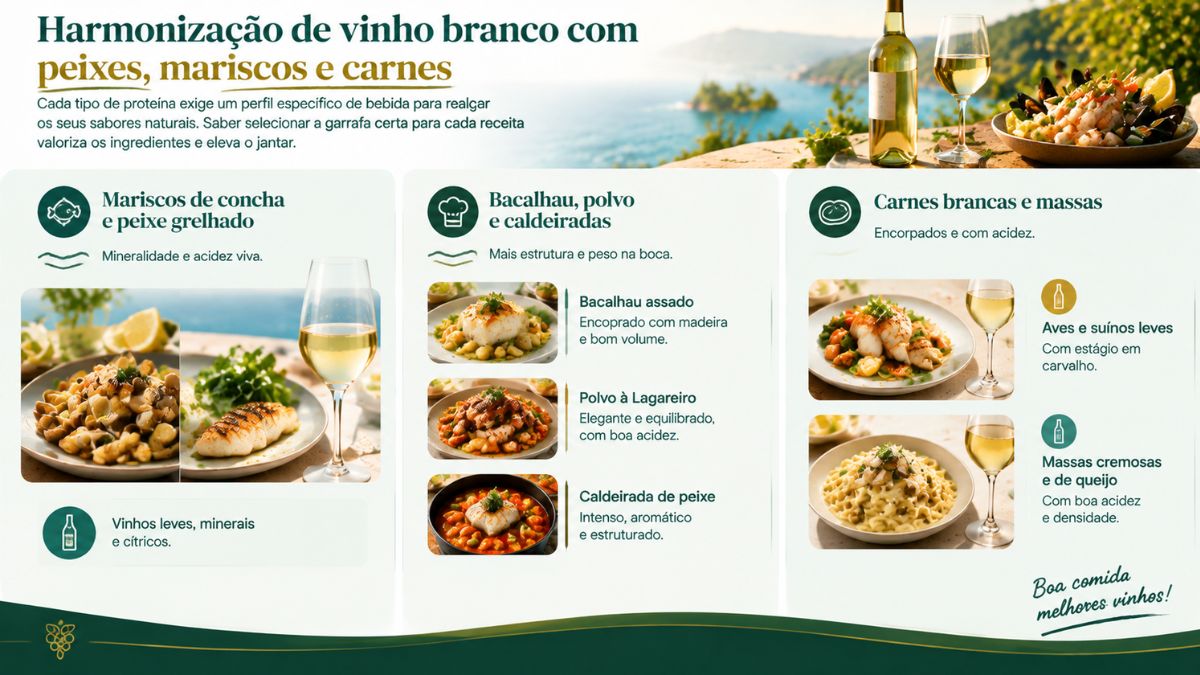 Infográfico sobre harmonização de vinho branco com peixes, mariscos e carnes detalhando combinações ideais para mariscos de concha, peixe grelhado, bacalhau, polvo, caldeiradas, carnes brancas e massas cremosas.