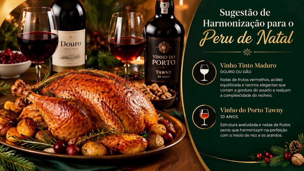Infográfico com sugestões de harmonização de vinho tinto maduro do Douro e Vinho do Porto Tawny para acompanhar Peru de Natal.