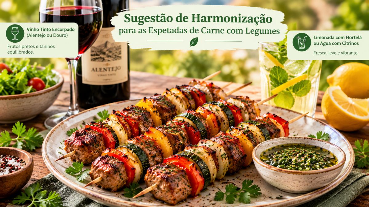 Prato repleto de espetadas de carne de vaca com legumes grelhados apresentado ao lado de uma garrafa de vinho tinto do Alentejo, um copo de vinho e uma limonada fresca com hortelã.
