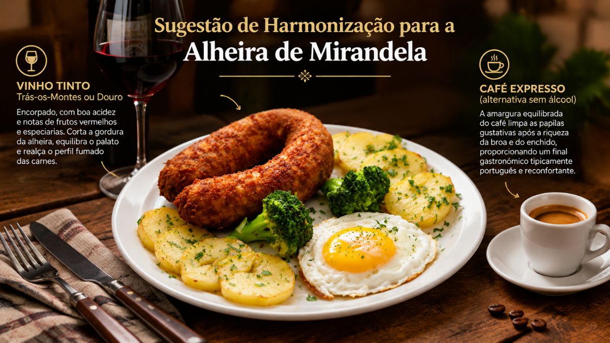 Um prato de Alheira de Mirandela frita servida com batatas salteadas, brócolos e um ovo estrelado, ao lado de um copo de vinho tinto e uma chávena de café expresso, com texto explicativo sobre as sugestões de harmonização.