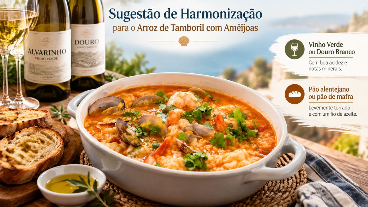 Um prato de arroz de tamboril com amêijoas e camarão, coberto com coentros, servido com pão torrado e duas garrafas de vinho branco, Alvarinho e Douro, como sugestões de harmonização.