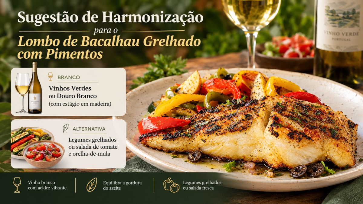 Prato de lombo de bacalhau grelhado com pimentos coloridos, batatas e azeitonas, acompanhado por sugestões de harmonização com vinho verde ou Douro branco e salada.