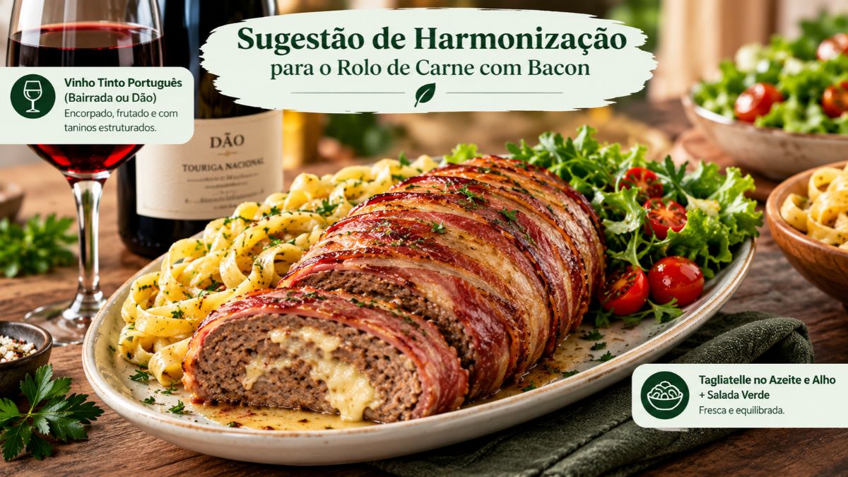 Um infográfico culinário mostra um rolo de carne com bacon recheado com queijo derretido e fatiado em uma travessa rústica. É servido com macarrão tagliatelle e salada verde com tomates cereja, acompanhado de uma garrafa de vinho tinto Dão Touriga Nacional e uma taça de vinho. Texto flutuante fornece detalhes sobre a harmonização.