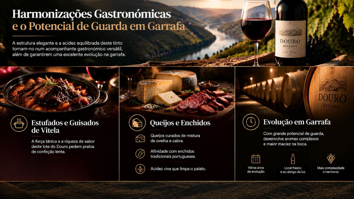 Infográfico sobre harmonização do Vinho Três Tourigas Reserva com guisados de vitela, queijos curados, enchidos e o seu potencial de evolução em garrafa.