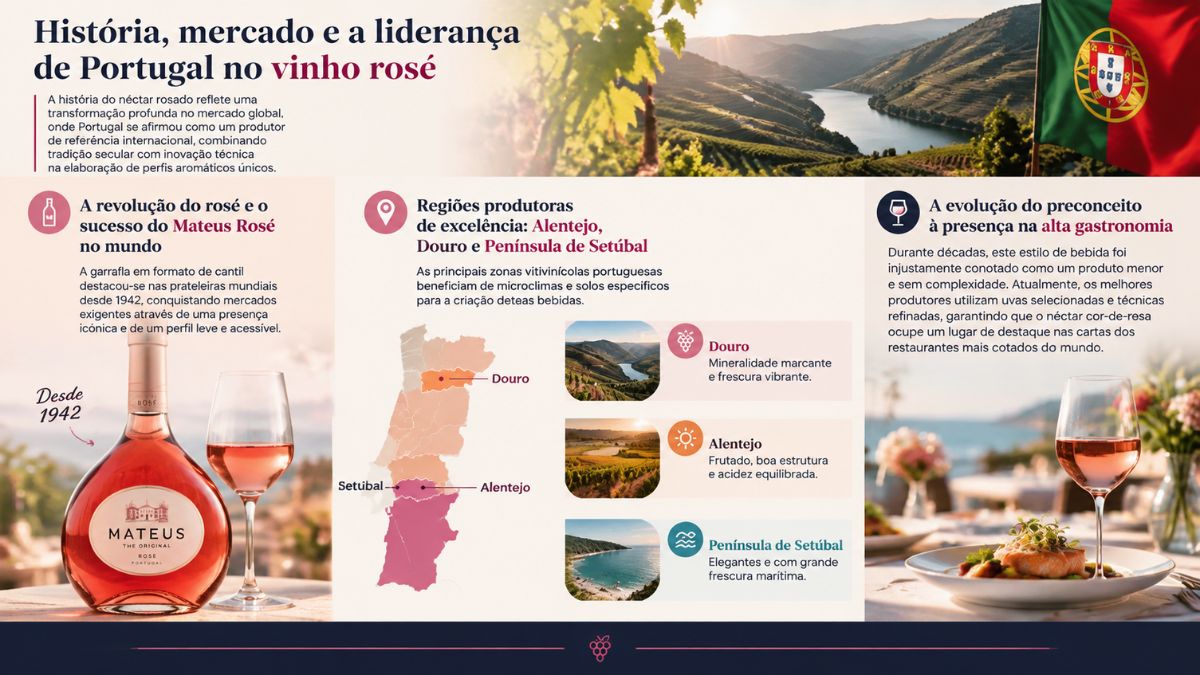 Infográfico sobre a história do vinho rosé em Portugal com garrafa de Mateus Rosé, mapa de regiões vitivinícolas do Douro, Alentejo e Península de Setúbal, e prato harmonizado.