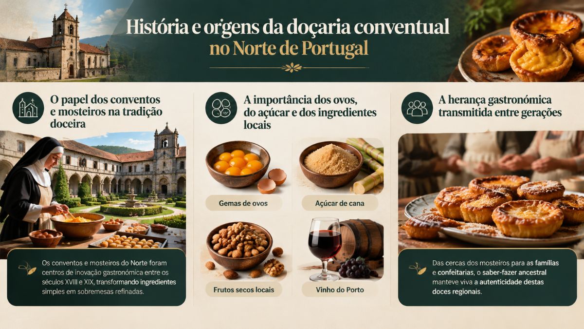 Infográfico sobre a história da doçaria conventual no Norte de Portugal destacando conventos, gemas de ovos, açúcar, frutos secos e vinho do Porto.
