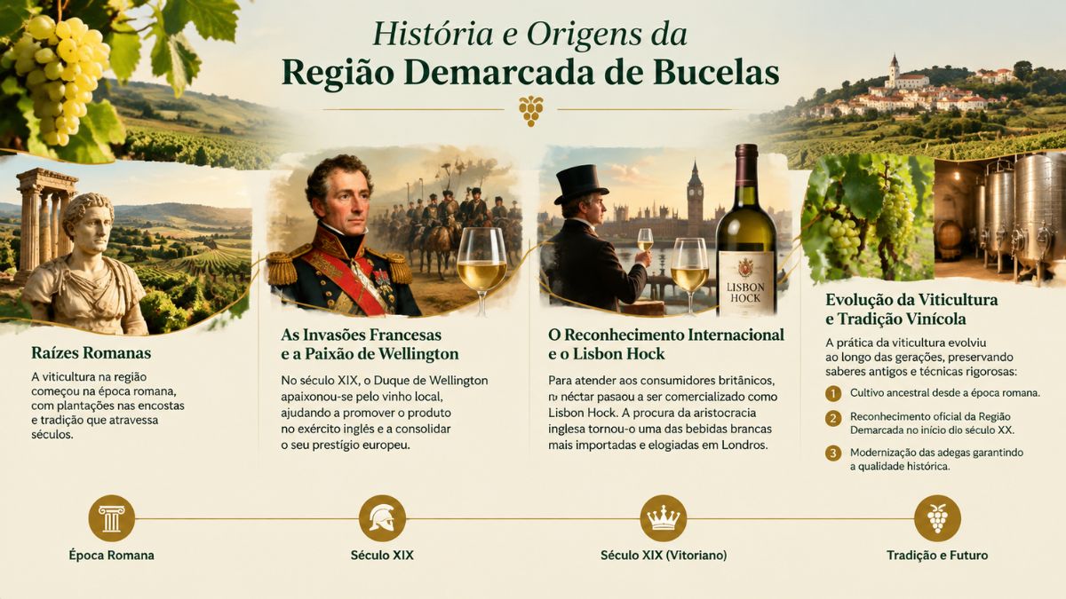 Infográfico sobre a história do vinho de Bucelas destacando as raízes romanas, o Duque de Wellington e a designação Lisbon Hock.