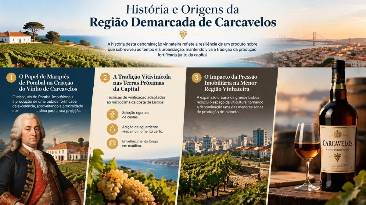 Infográfico sobre a história e origens da região demarcada do Vinho de Carcavelos dividido em três blocos explicativos. O lado esquerdo destaca a figura histórica do Marquês de Pombal e a Quinta da Oyem com vinhas. O centro mostra um cacho de uvas brancas, ícones descritivos e a costa marítima de Lisboa. O lado direito apresenta a pressão imobiliária urbana sobre as vinhas e uma garrafa de Vinho de Carcavelos ao lado de um copo de fortificado âmbar.