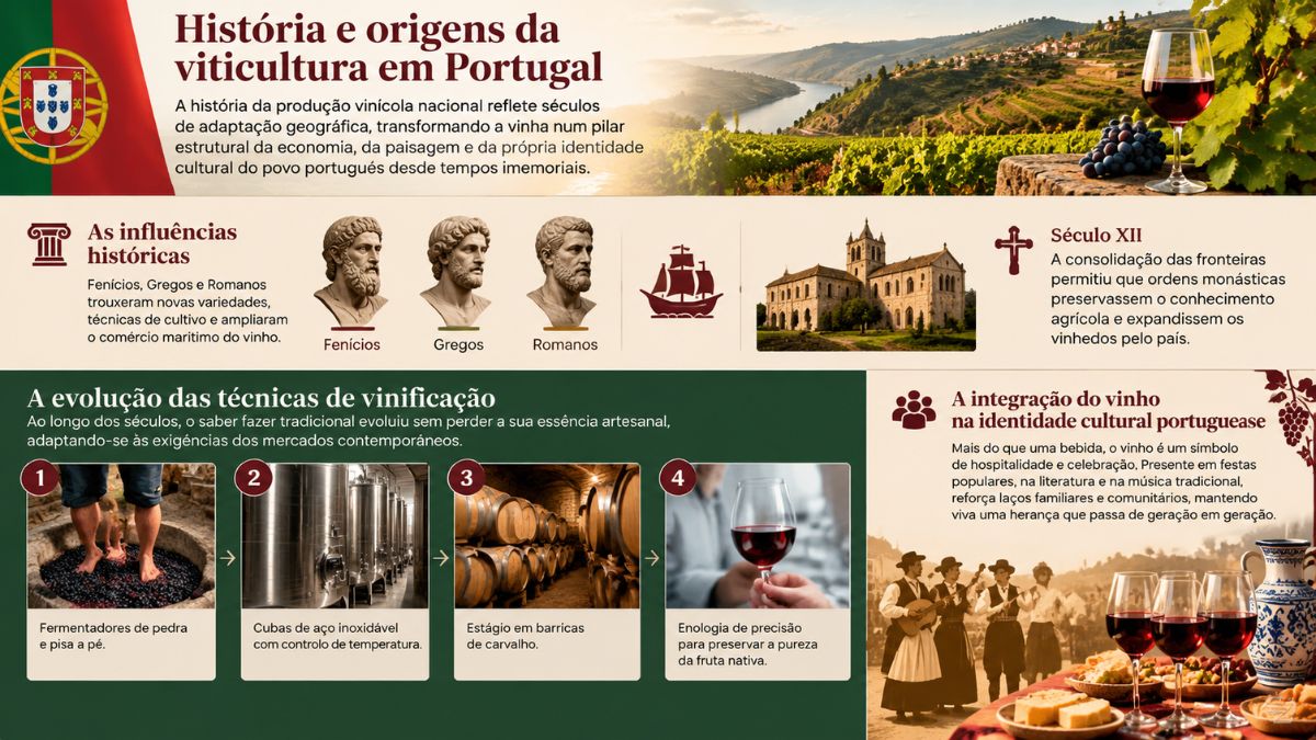 Infográfico educativo sobre a história e origens da viticultura em Portugal, detalhando influências históricas de Fenícios, Gregos e Romanos, ordens monásticas do século XII, evolução das técnicas de vinificação em quatro etapas e a integração do vinho na identidade cultural portuguesa.