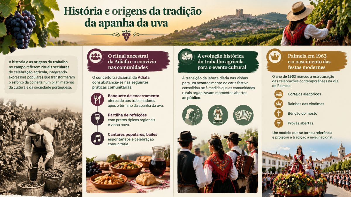 Infográfico detalhado sobre a história e origens da tradição da apanha da uva em Portugal. O elemento visual aborda o ritual ancestral da Adiafa, a evolução do trabalho agrícola e o marco histórico de Palmela em 1963 com fotos tradicionais e ícones explicativos.