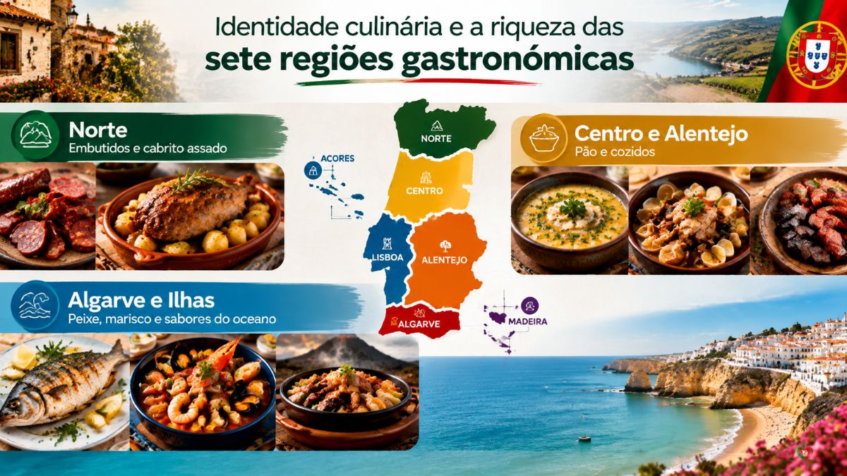 Infográfico sobre as sete regiões gastronómicas de Portugal, com mapa ilustrado e pratos típicos do Norte, Centro, Alentejo, Algarve e Ilhas.