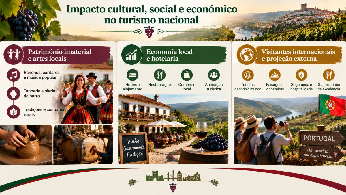 Infográfico explicativo sobre o impacto cultural, social e económico da festa das vindimas no turismo nacional em Portugal. O elemento gráfico aborda o património imaterial e artes locais, a dinamização da economia local e hotelaria, bem como a projeção externa e atração de visitantes internacionais.