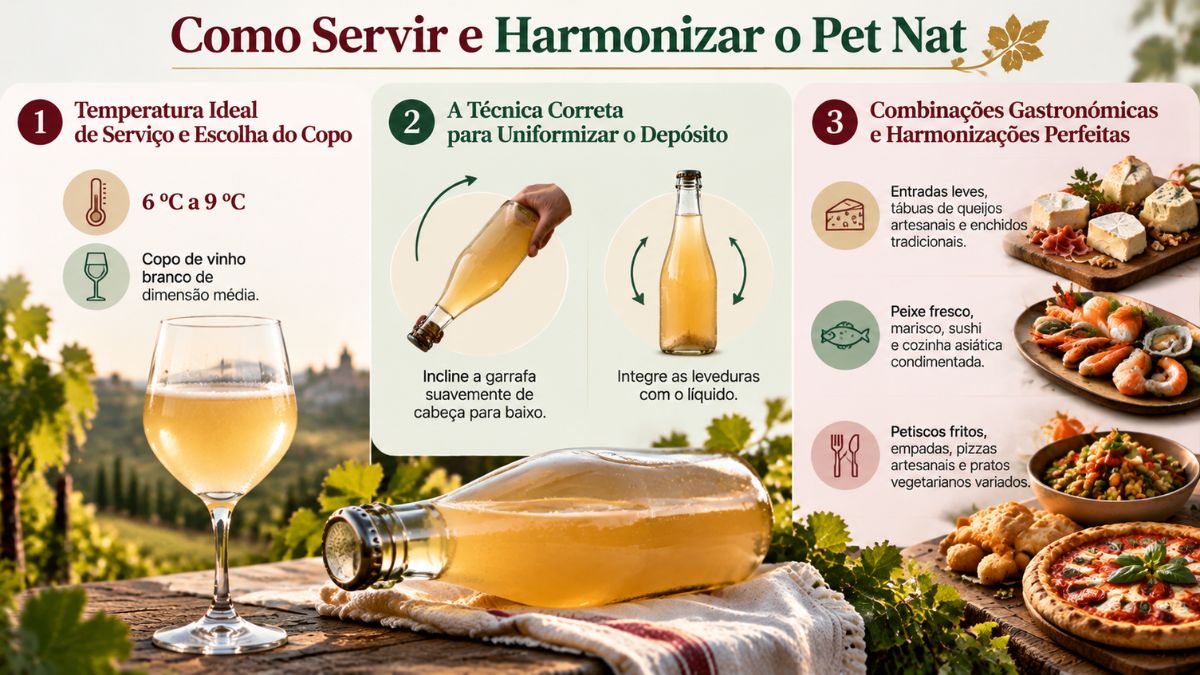 Infográfico sobre como servir e harmonizar o Pet Nat indicando temperatura de serviço, técnica de misturar o depósito e combinações gastronómicas.