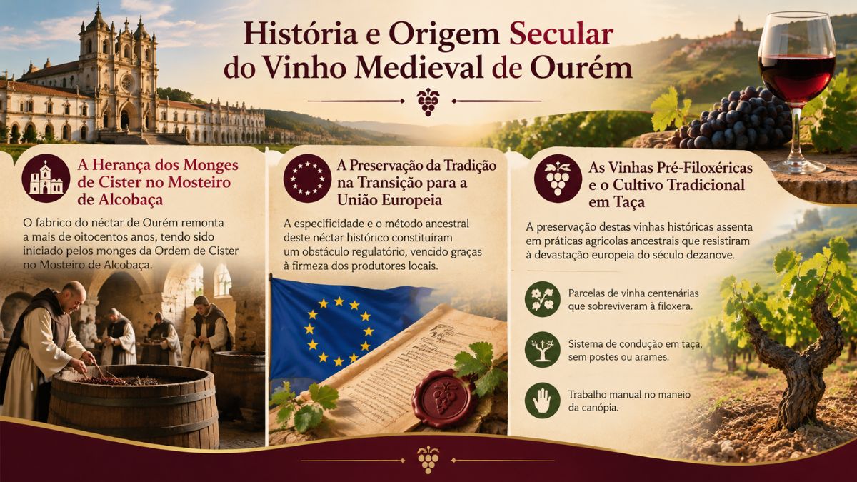Um infográfico dividido em três partes sobre a história do Vinho Medieval de Ourém, mostrando monges de Cister no Mosteiro de Alcobaça, preservação da tradição vinícola com a União Europeia e vinhas pré-filoxéricas cultivadas em taça.