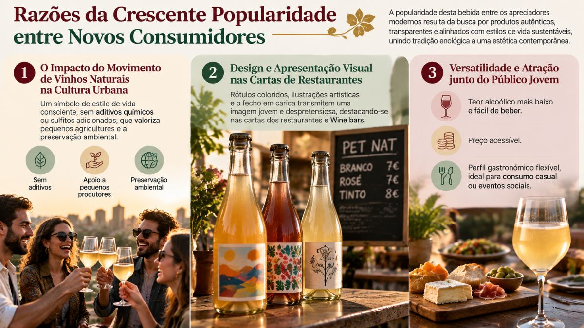 Infográfico explicativo sobre a popularidade do Pet Nat mostrando o impacto dos vinhos naturais na cultura urbana, design de rótulos e versatilidade.