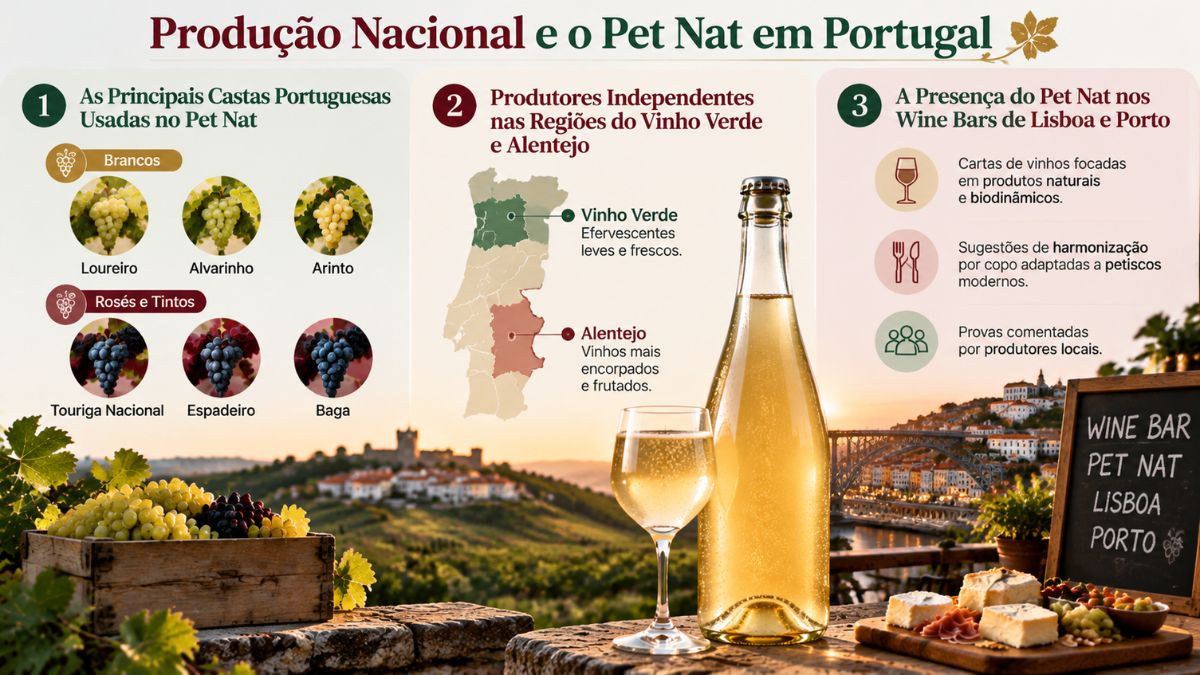 Infográfico sobre a produção nacional de Pet Nat em Portugal destacando as castas portuguesas, regiões produtoras e presença nos wine bars.