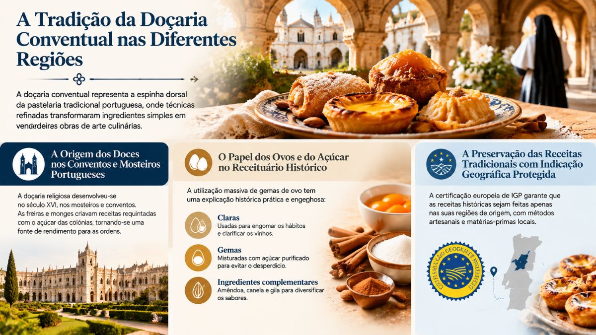 Infográfico sobre doçaria conventual portuguesa mostrando doces tradicionais, história nos conventos, uso de ovos com açúcar e certificação de Indicação Geográfica Protegida.