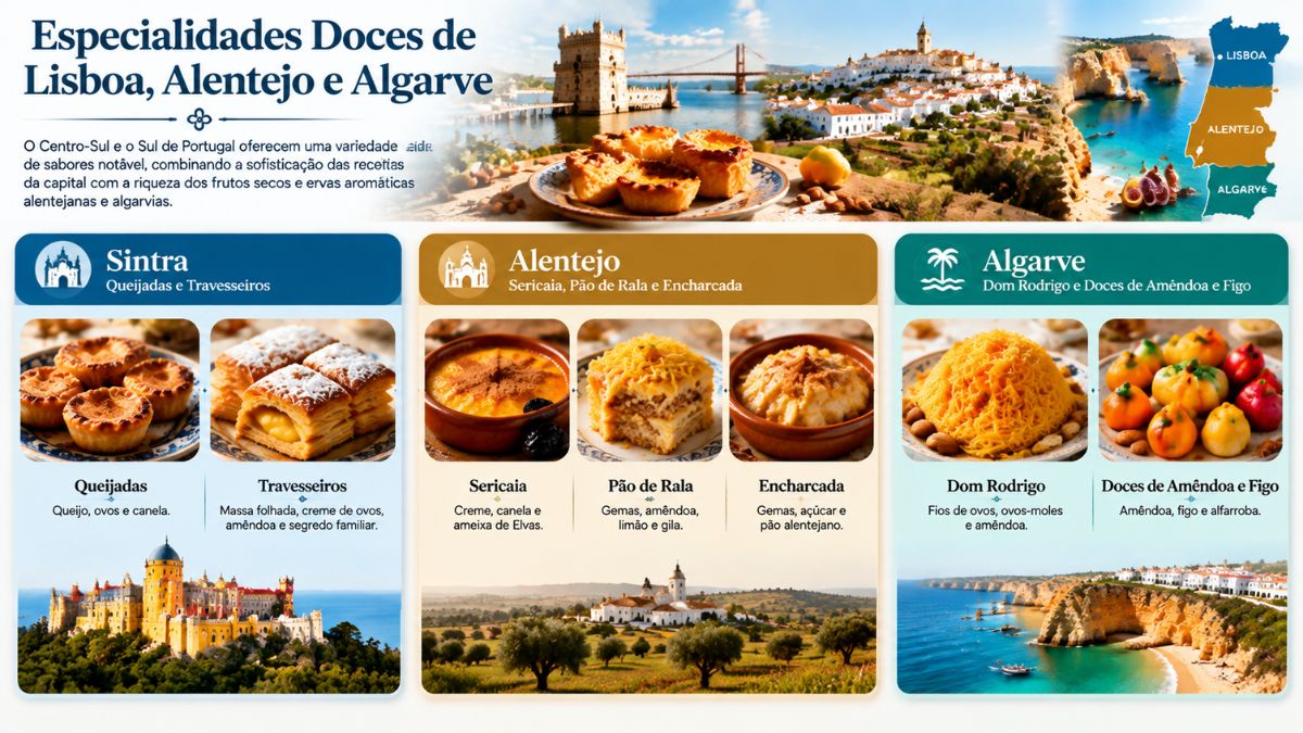 Infográfico ilustrativo sobre doces tradicionais do Centro-Sul e Sul de Portugal, destacando queijadas, travesseiros, sericaia, pão de rala, encharcada e Dom Rodrigo.