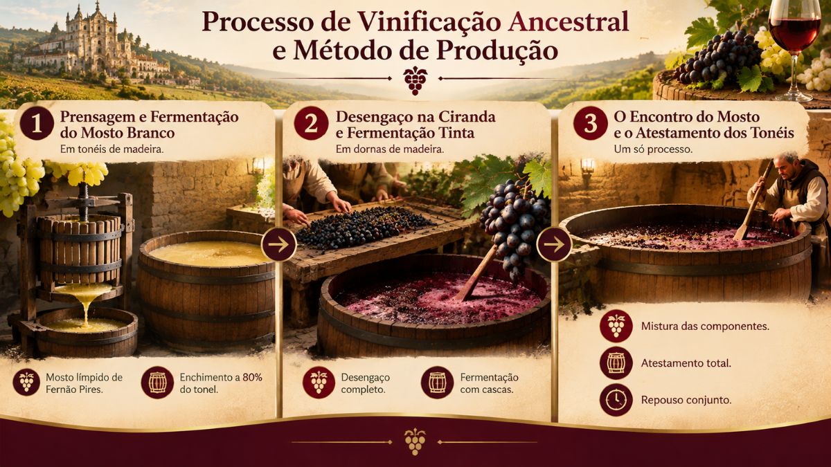 Infográfico com três passos do método de produção ancestral do Vinho Medieval de Ourém, mostrando a fermentação de brancas e tintas em madeira.
