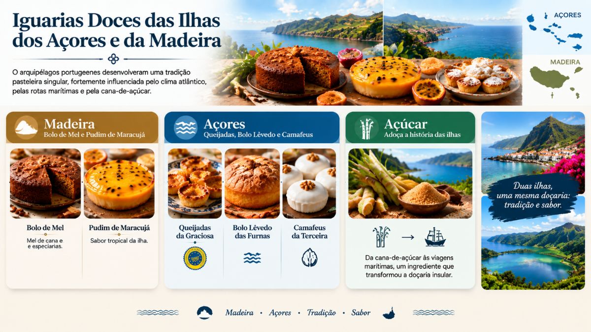 Infográfico explicativo sobre a doçaria insular de Portugal com destaque para o bolo de mel madeirense, pudim de maracujá e queijadas açorianas.