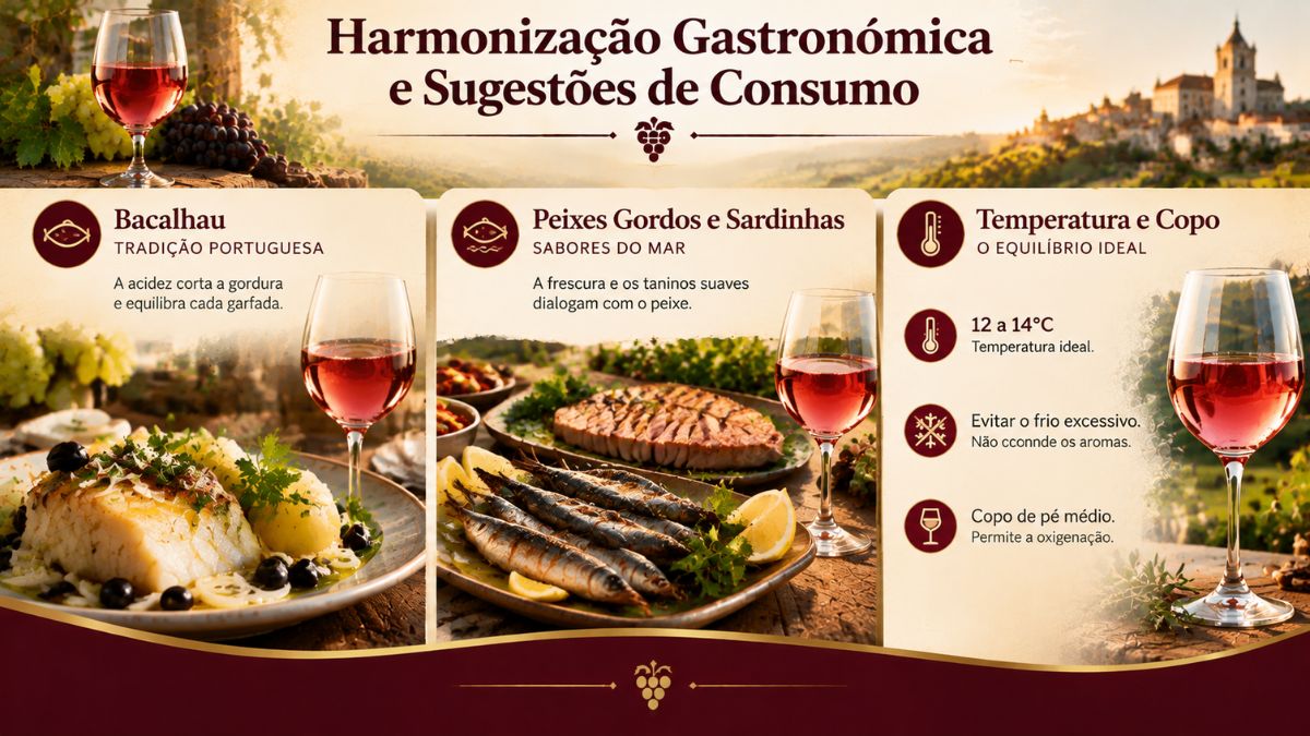 Infográfico com pratos de bacalhau, sardinhas assadas, peixes gordos e recomendações de temperatura de serviço do Vinho Medieval de Ourém.