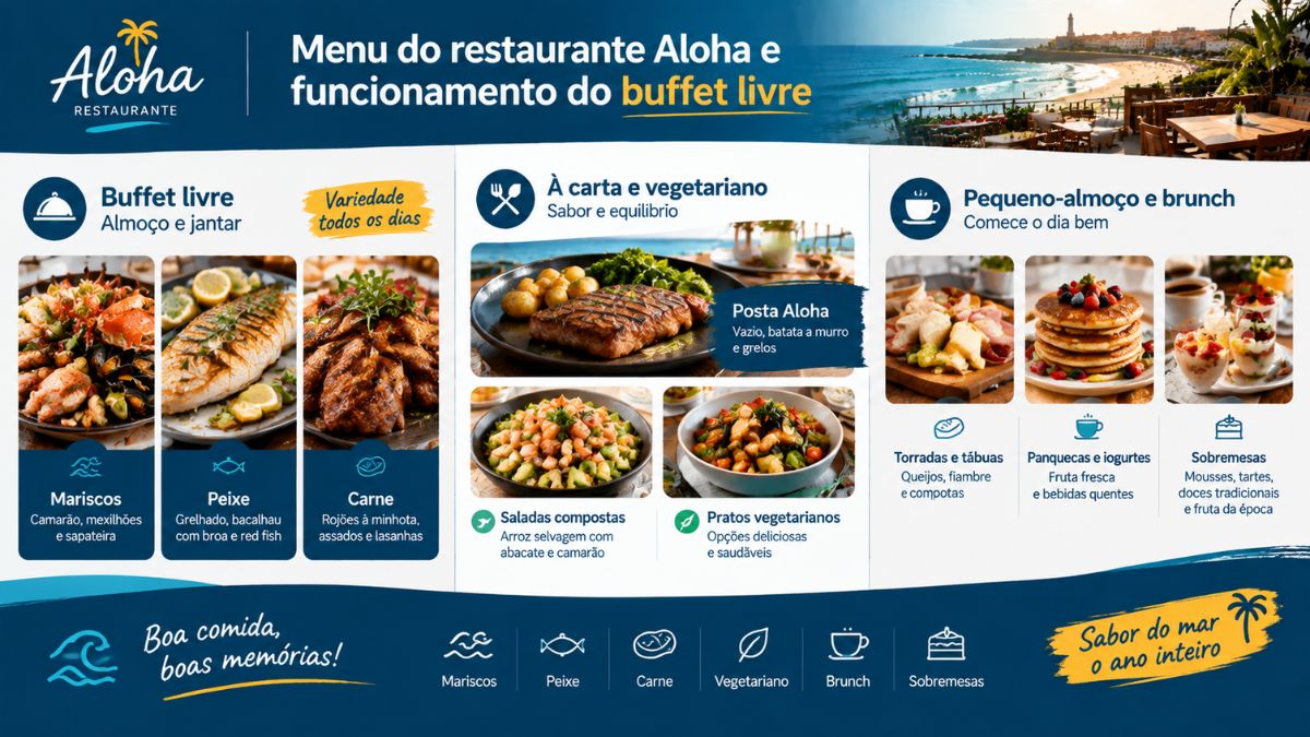 Infográfico detalhado sobre o menu do restaurante Aloha e o funcionamento do buffet livre de almoço e jantar em Vila do Conde. Apresenta opções de mariscos como camarão, mexilhões e sapateira, peixe grelhado, bacalhau com broa e carne como rojões à minhota. Destaca também pratos à carta como a Posta Aloha, saladas compostas, pratos vegetarianos, opções de pequeno-almoço e brunch com panquecas e tábuas, além de sobremesas variadas.