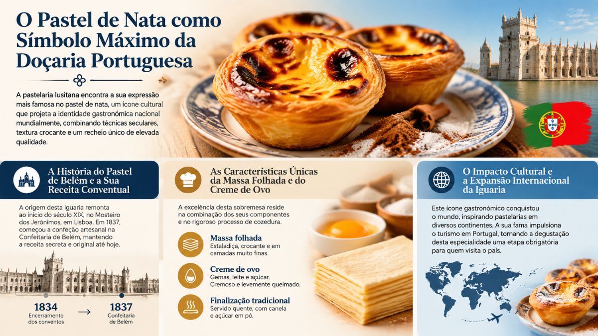 Infográfico explicativo sobre o pastel de nata destacando a sua história conventual, massa folhada, creme de ovo e expansão internacional.