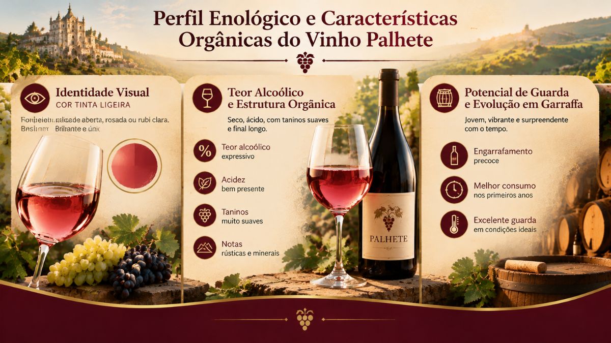 Infográfico explicativo sobre a cor tinta ligeira, teor alcoólico e potencial de guarda do Vinho Palhete de Ourém com garrafa e copo.