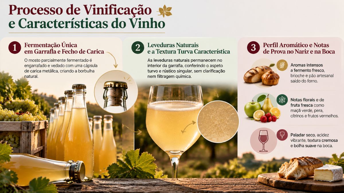 Infográfico sobre a vinificação do Pet Nat mostrando a fermentação única em garrafa com carica, leveduras naturais e perfil aromático.