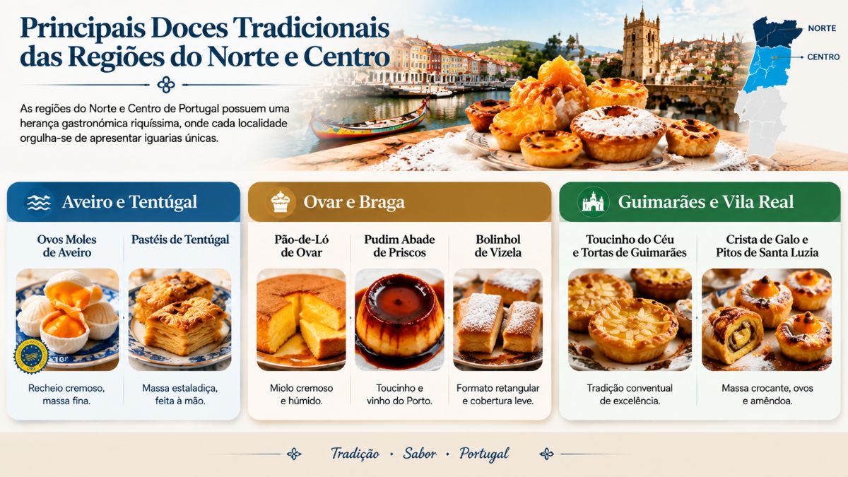 Infográfico sobre a doçaria do Norte e Centro de Portugal mostrando ovos moles de Aveiro, pastéis de Tentúgal, pão de ló de Ovar, pudim Abade de Priscos, bolinhol de Vizela, toucinho do céu, tortas de Guimarães, crista de galo e pitos de Santa Luzia.