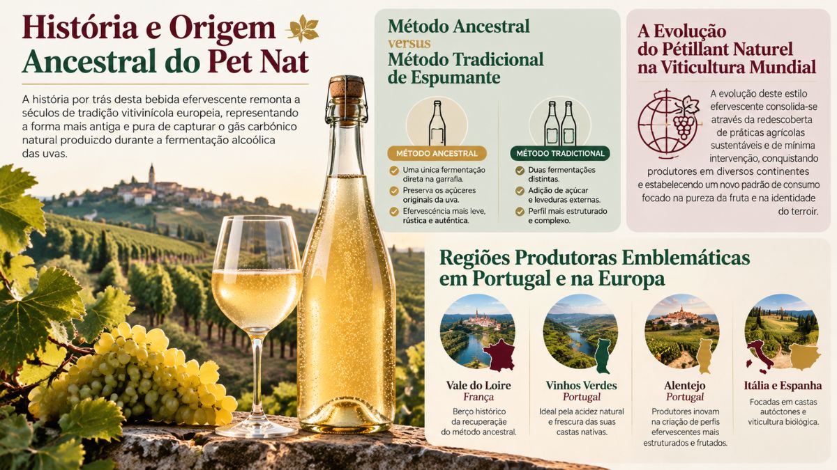 Infográfico explicativo sobre a história do Pet Nat comparando método ancestral e tradicional com regiões produtoras em Portugal e Europa.