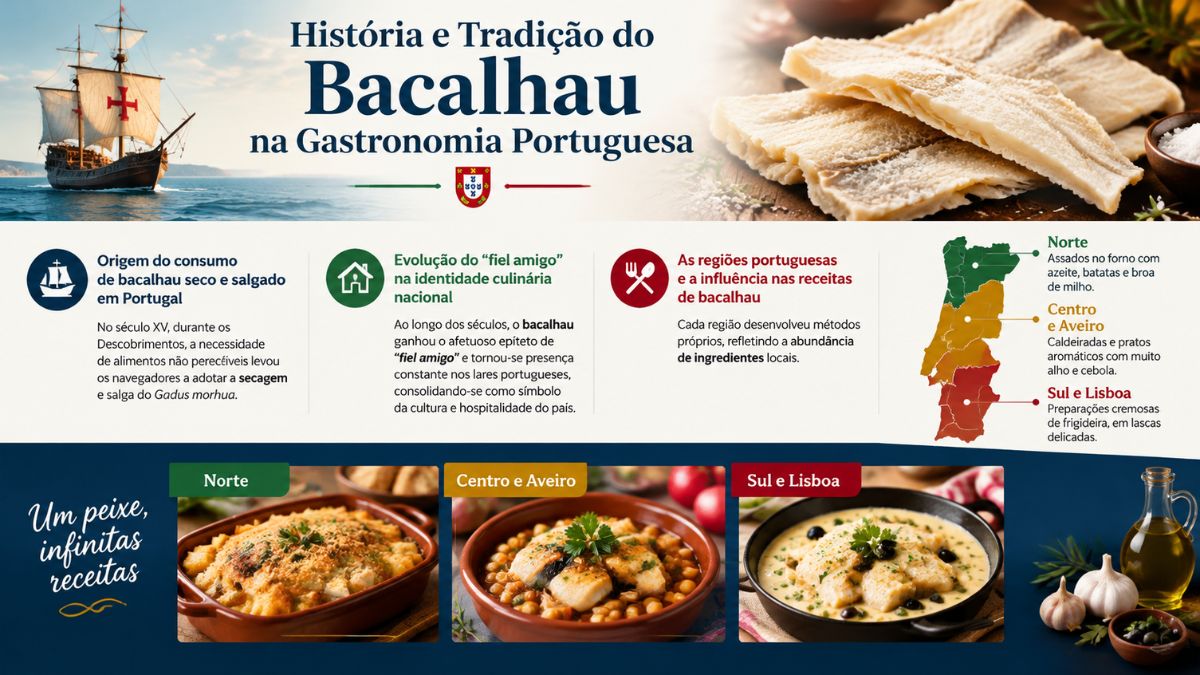 Infográfico ilustrado sobre a história do bacalhau na gastronomia portuguesa, mostrando um navio histórico, postas de bacalhau seco, um mapa de Portugal com divisões regionais por receitas e fotos de pratos tradicionais como assados no forno e caldeiradas.