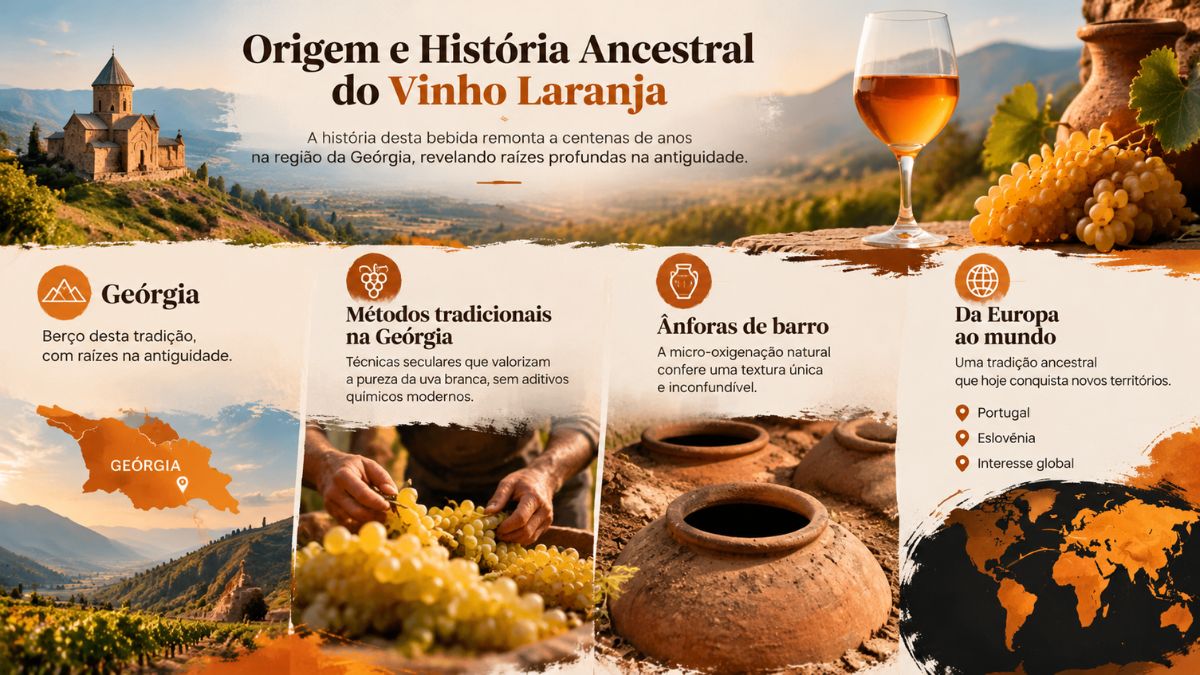 Um infográfico detalhado sobre a história do vinho laranja, mostrando um mosteiro da Geórgia, um copo de vinho de cor âmbar, mãos a colher uvas brancas, ânforas de barro enterradas conhecidas como qvevris e mapas ilustrando a sua origem e expansão global por vários países.