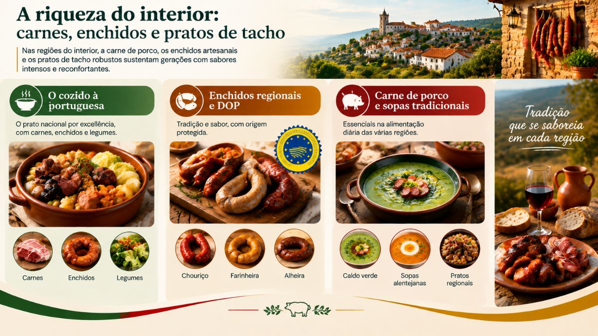 Infográfico detalhando os pratos de tacho tradicionais portugueses como cozido à portuguesa enchidos artesanais regionais e sopas típicas