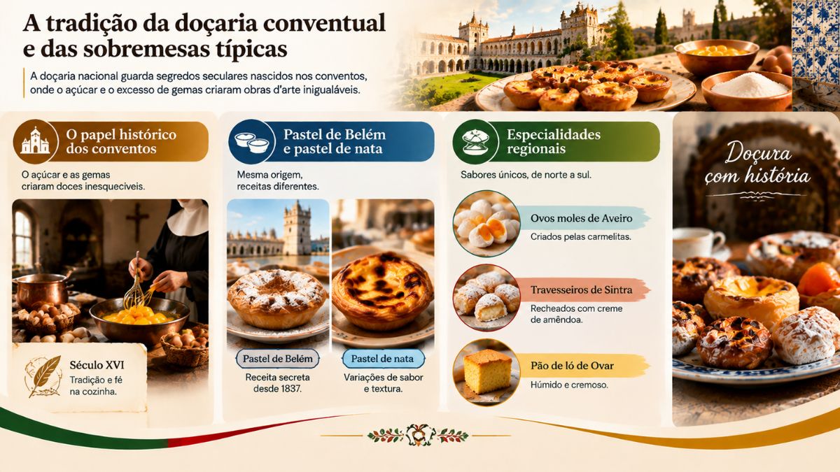 Infográfico detalhando a doçaria conventual portuguesa com destaque para o pastel de Belém pastel de nata ovos moles travesseiros e pão de ló
