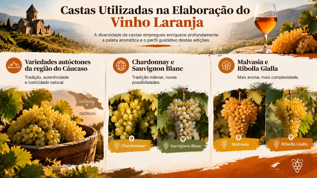 Infográfico ilustrativo sobre as uvas brancas usadas no vinho laranja, incluindo variedades autóctones da Geórgia, Chardonnay, Sauvignon Blanc, Malvasia e Ribolla Gialla.