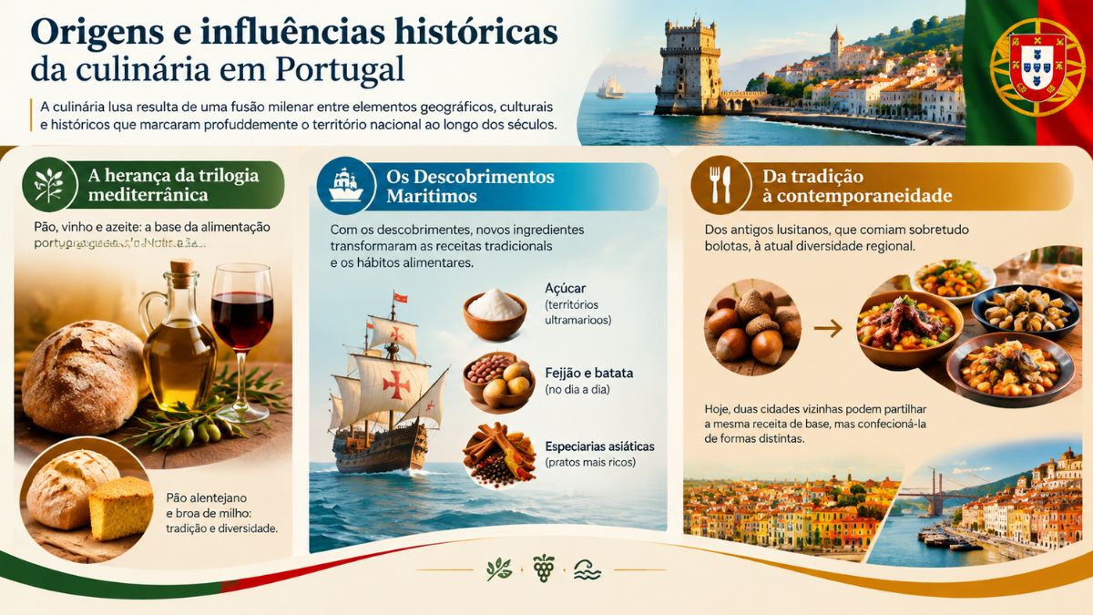 Infográfico detalhando a evolução histórica da culinária em Portugal mostrando a herança mediterrânica os Descobrimentos marítimos e a evolução regional