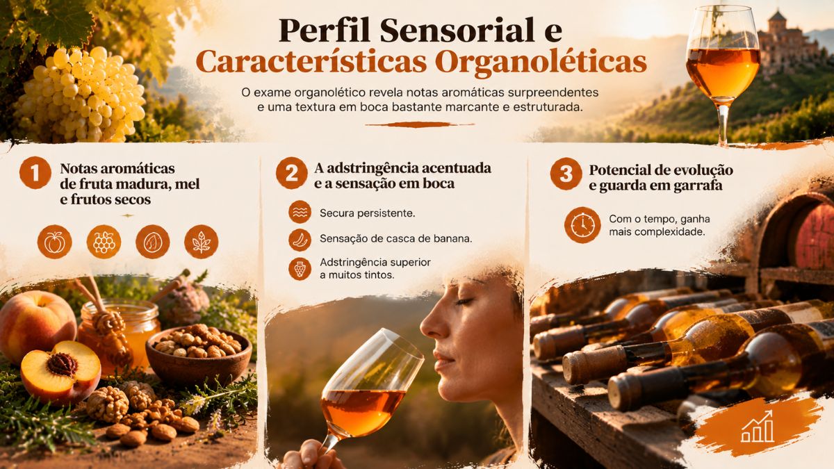 Infográfico explicativo sobre os aromas de fruta madura, mel e frutos secos, a adstringência em boca e o potencial de guarda em garrafa do vinho laranja.