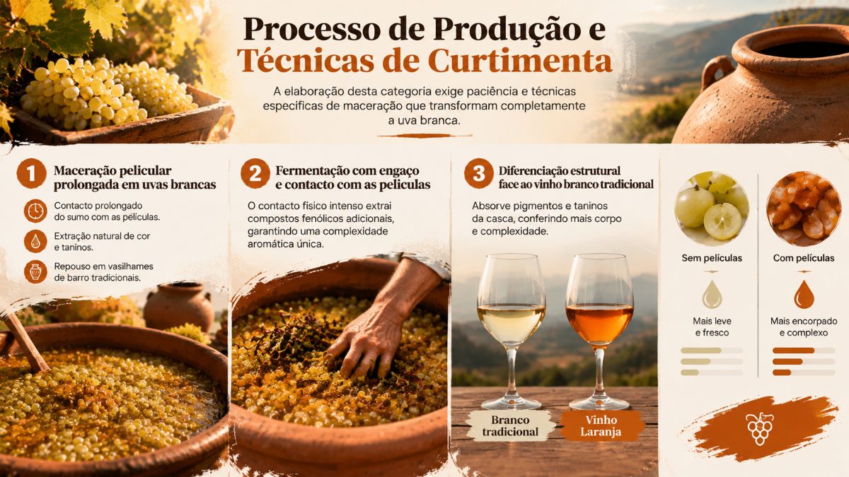 Infográfico ilustrativo sobre a vinificação do vinho laranja, mostrando a maceração pelicular, a fermentação com engaço e a comparação com o vinho branco tradicional.