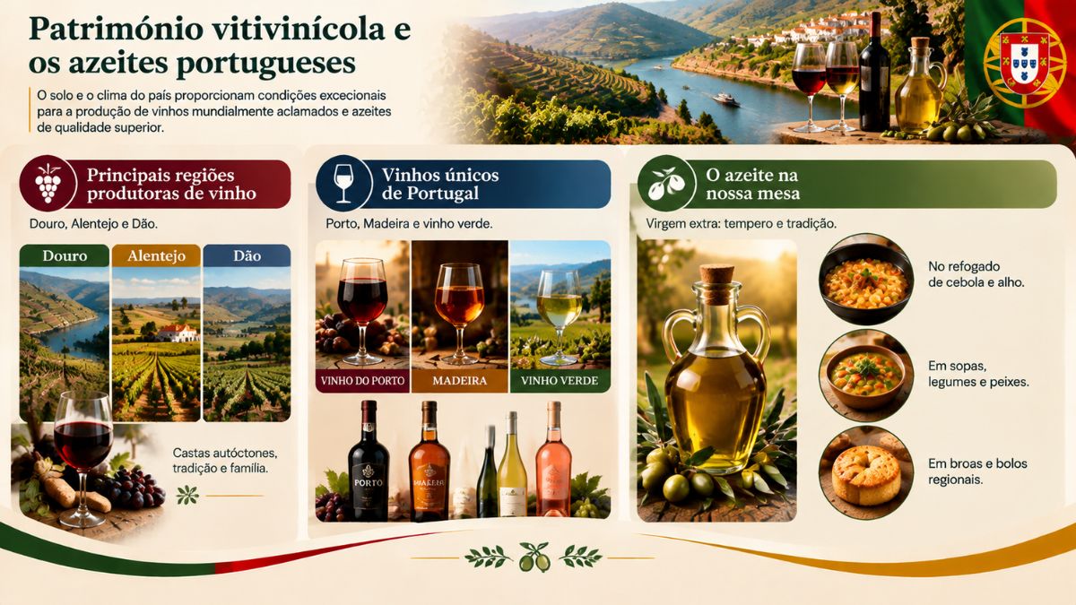 Infográfico apresentando o património vitivinícola de Portugal com regiões produtoras de vinho vinhos únicos e azeite virgem extra