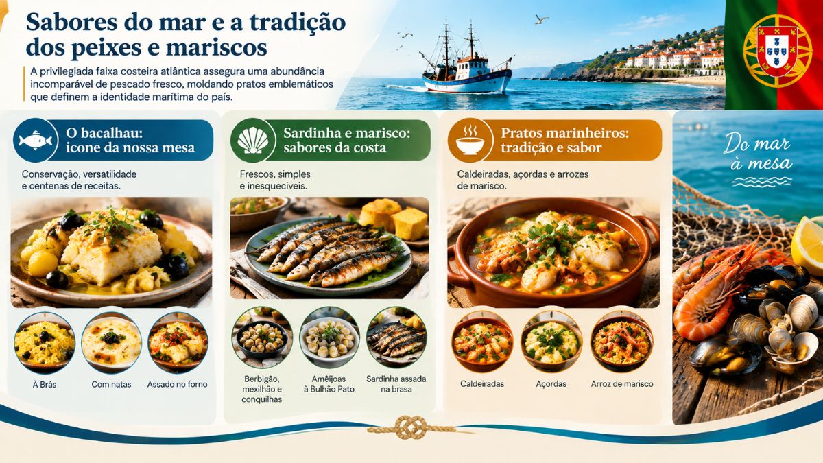 Infográfico mostrando pratos tradicionais de peixe e marisco em Portugal incluindo bacalhau sardinha assada caldeiradas açordas e arroz de marisco
