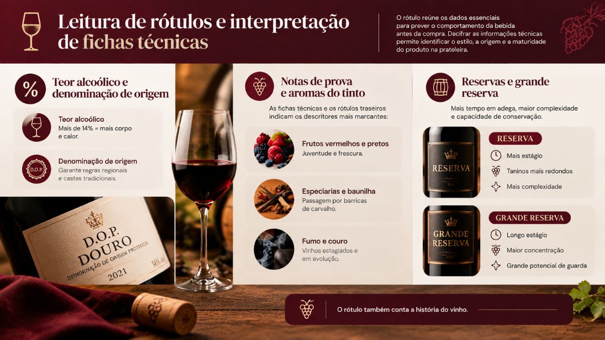 Infográfico explicativo sobre a leitura de rótulos e interpretação de fichas técnicas detalhando teor alcoólico, denominação de origem, aromas e reservas.