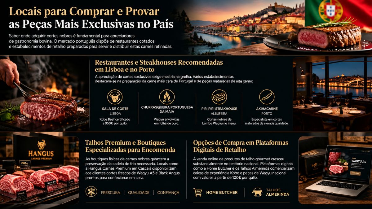 Infográfico com recomendações de restaurantes, steakhouses, talhos premium e lojas online para comprar e saborear a carne mais cara de Portugal em Lisboa, Porto e Albufeira.